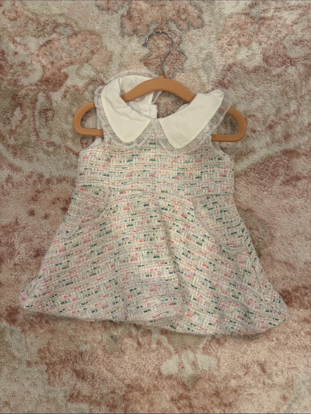 Janie and Jack Tweed A-Line Dress with White Peter Pan Collar - Pink & Green